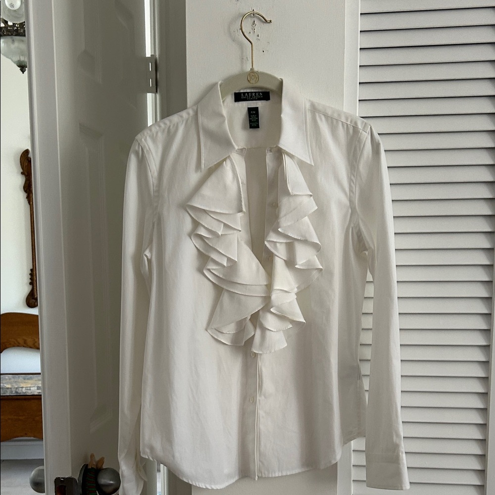 Mango White Ruffled Button Down Shirt